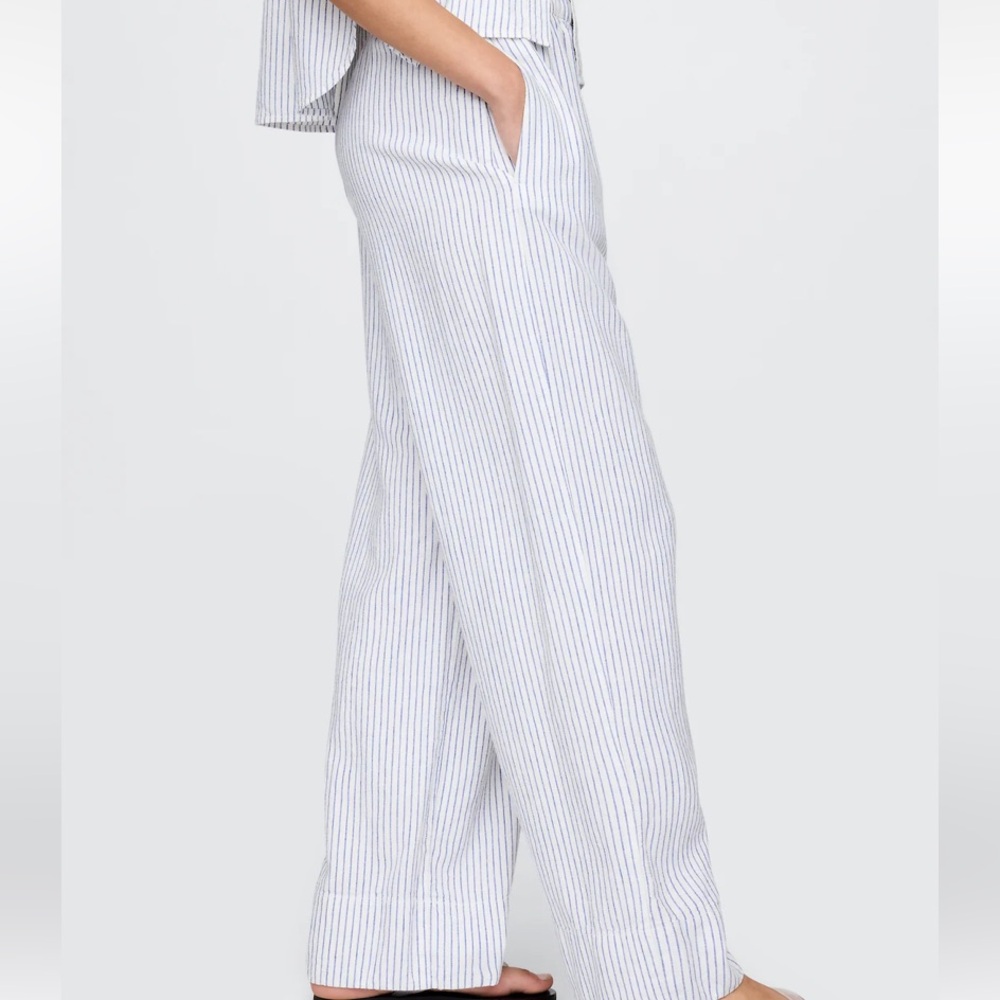 GAP Linen-Blend Easy Wide-leg Hem pajama lounge Pants blue stripe Medium TALL